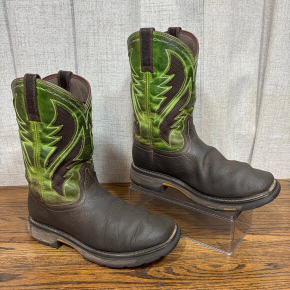 Ariat Workhog Square Toe Western Work Boots Men’s 9.5D Brown/Green Leather - Picture 1 of 8
